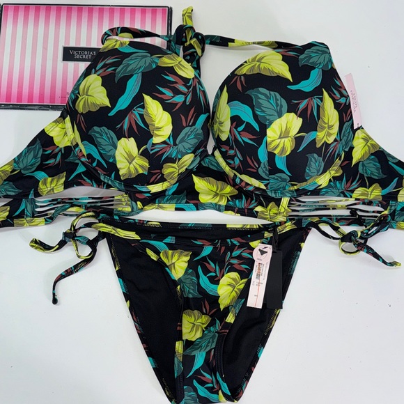 Victoria's Secret Leaf Print Bikini - Black & Green 32C bombshell/M NWT - Picture 1 of 12